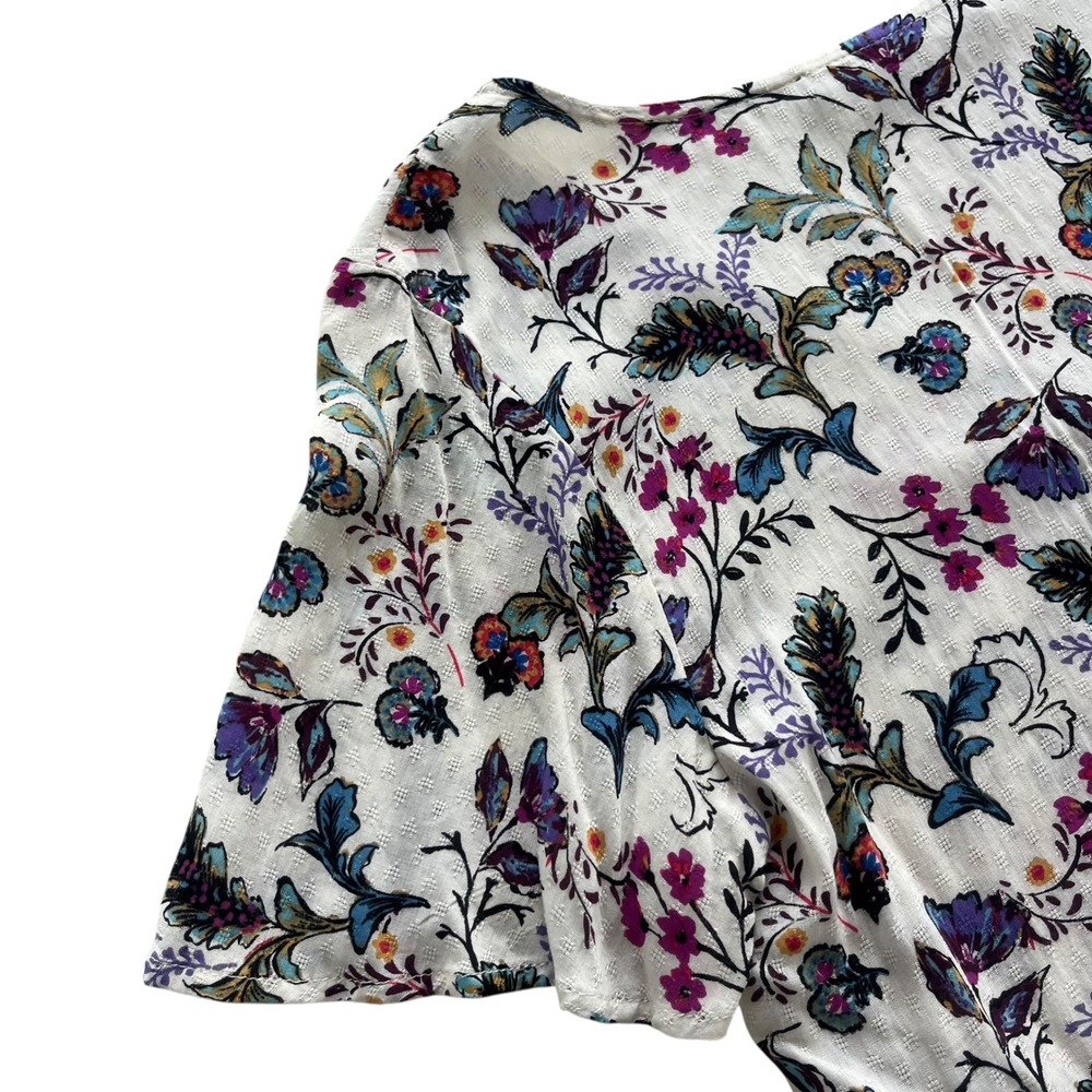ONE Clothing LA Women's XS Cream Pink Floral Tie Front Short Sleeves Crop Blouse - Picture 12 of 16